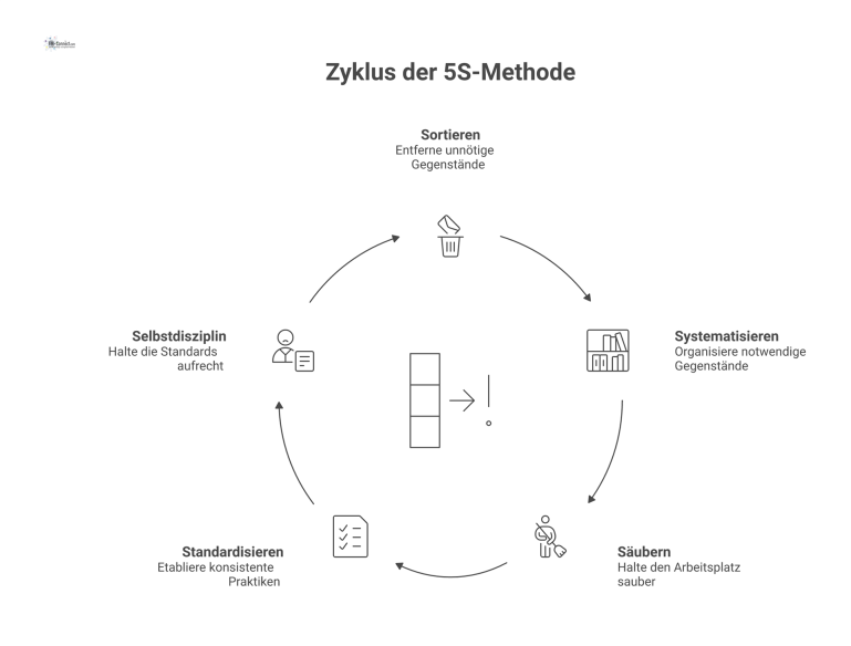 Infografik der 5S-Methode als zyklischer 5-Schritte-Prozess zur Arbeitsplatzoptimierung, dargestellt mit Pfeilen und den zugehörigen Schritten.