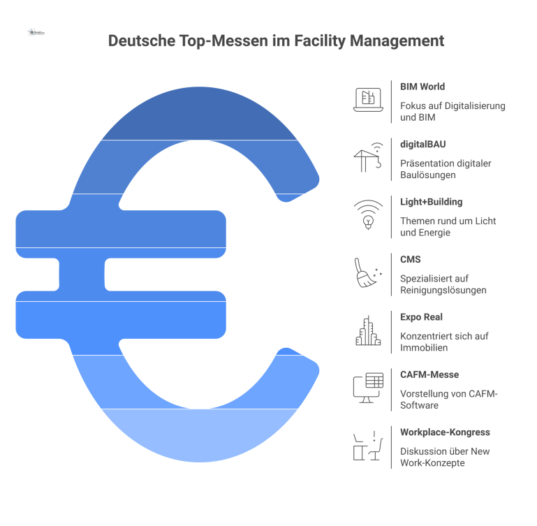 Eine visuelle Zeitleiste als Infografik, die sieben deutsche Top-Messen im Facility Management mit Name, Ort und Keywords darstellt.