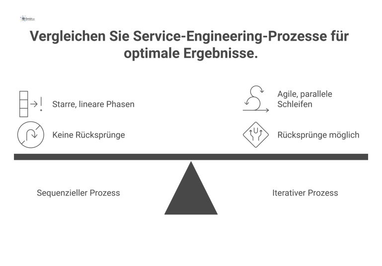  Infografik, die einen starren, sequenziellen Service-Engineering-Prozess mit einem agilen, iterativen Prozess vergleicht, der in Schleifen mit Rücksprüngen arbeitet. 