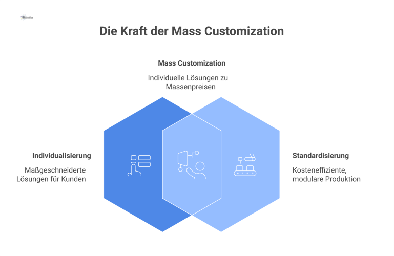 Konzept der Mass Customization Ein Diagramm, das zeigt, wie ein Kunde aus einem Baukasten mit standardisierten Service-Modulen eine individuelle Lösung zusammenstellt.