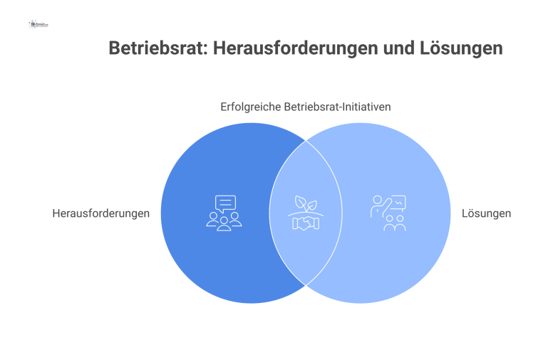Betriebsrat: Herausforderungen und Lösungen Infografik mit drei Spalten, die Herausforderungen für den Betriebsrat und deren Lösungen zeigt: Veränderung, Datenschutz und Kosten.