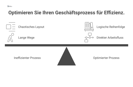  Infografik vergleicht einen chaotischen Geschäftsprozess mit verworrenen Wegen mit einem optimierten Prozess mit logischer Anordnung und kurzem Arbeitsfluss.