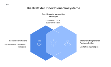 Netzwerkdiagramm eines Innovationsökosystems mit der "Kollaborativen Allianz" im Zentrum, verbunden mit Partnern wie Unternehmen, Start-ups und Forschung. 