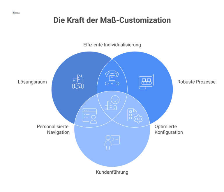 Diagramm, das die Kompetenz in Maß-Customization als Fundament mit drei Säulen darstellt: Lösungsraum, Robuste Prozesse und Kundenführung. 
