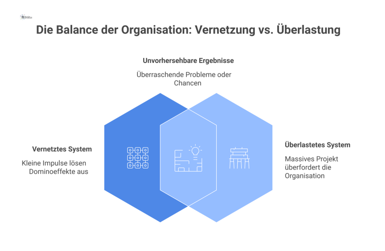 Ein Diagramm zeigt eine Organisation als komplexes System, wo ein kleiner Impuls einen Dominoeffekt auslöst, ein Großprojekt aber scheitert.