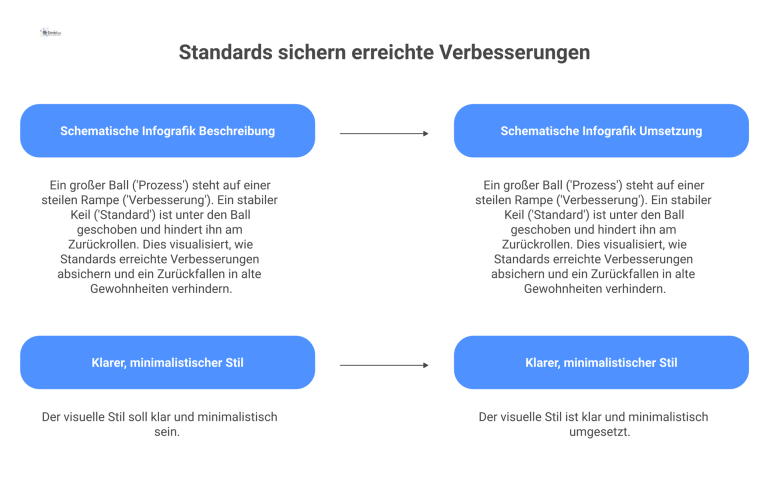 Infografik: Ein Keil (Standard) sichert einen Ball (Prozess) auf einer Rampe (Verbesserung) und verhindert so ein Zurückfallen.