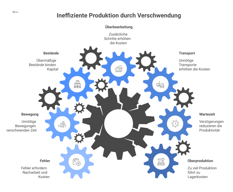 Infografik: Die 7 Arten der Verschwendung Infografik der 7 Arten der Verschwendung mit einem zentralen Zahnrad für Wertschöpfung und sieben Kreisen mit Piktogrammen.