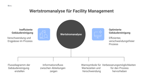  Flussdiagramm einer Wertstromanalyse für die Gebäudereinigung, das den Prozess von der Planung bis zur Ausführung mit Engpässen visualisiert. 