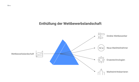 Diagramm der Wettbewerbslandschaft zeigt direkte Wettbewerber, neue Marktteilnehmer, Ersatztechnologien und Markteintrittsbarrieren zur Aufdeckung strategischer Chancen.