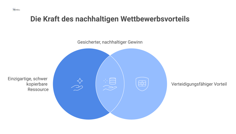 Infografik, die zeigt, wie eine einzigartige Ressource einen verteidigungsfähigen Vorteil (Festung) schafft, der Kundennutzen und Gewinn sichert. 